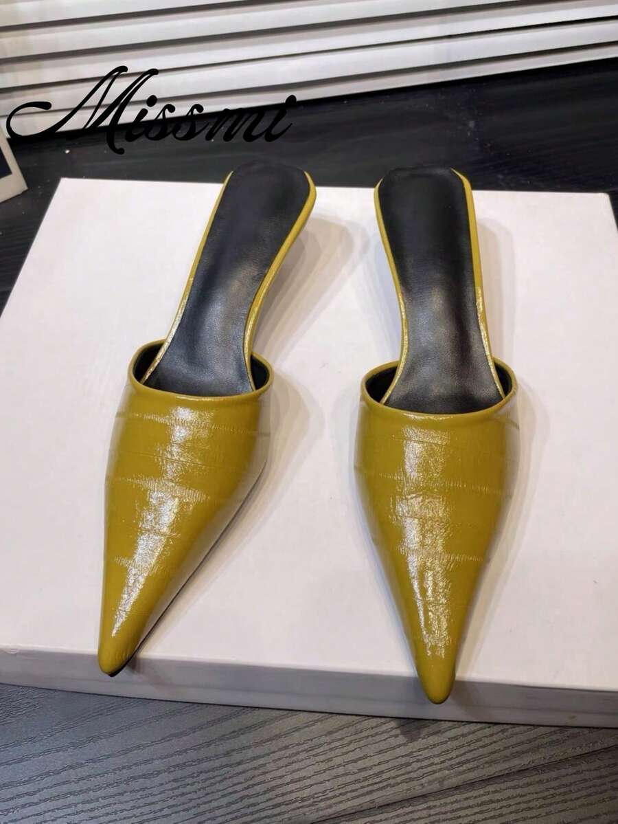 French Style Satin High Heel Pink Closed Toe Half-Slipper Fairy Shoes 2026 Spring/Summer Pointed Toe Rhinestone Shoes - Mustard Yellow - View 1