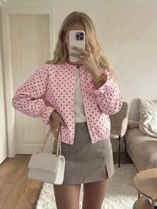 Cardigan Wanita Motif Polkadot Merah Muda, Desain Resleting Logam, Lengan Panjang Berkerut, Jaket Serbaguna untuk Kencan dan Perjalanan Musim Gugur/Dingin - Berwarna merah muda - View 2