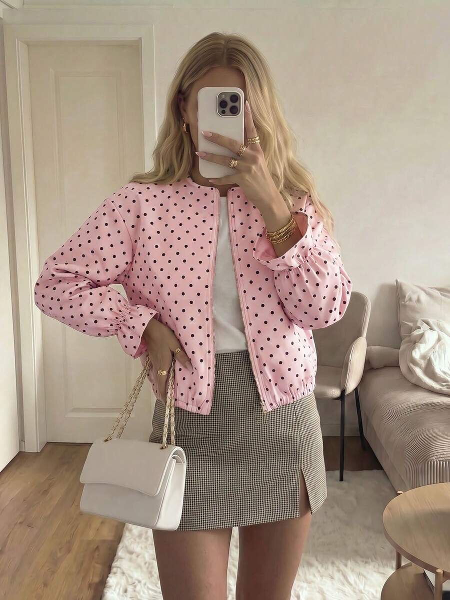 Cardigan Wanita Motif Polkadot Merah Muda, Desain Resleting Logam, Lengan Panjang Berkerut, Jaket Serbaguna untuk Kencan dan Perjalanan Musim Gugur/Dingin