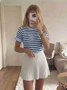 Women's Casual Contrast Color Ruffle Trim Round Neck Short Sleeve Knit Top, Summer - Multicolor - View 4
