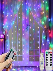 3*3m Remote Control USB Powered LED Curtain String Lights, Also Available In 8-Function Solar Version, Infrared Remote Control For Long-Distance Lighting Mode Control, USB Powered Compatible With Multiple Power Devices, Hanging Curtain Light Strip Layout With Staggered Arrangement, Rich Dynamic Lighting Effects With Free Switching, Delicate Light Brightness Layers For Immersive Atmosphere - USB Curtain Lights - View 12