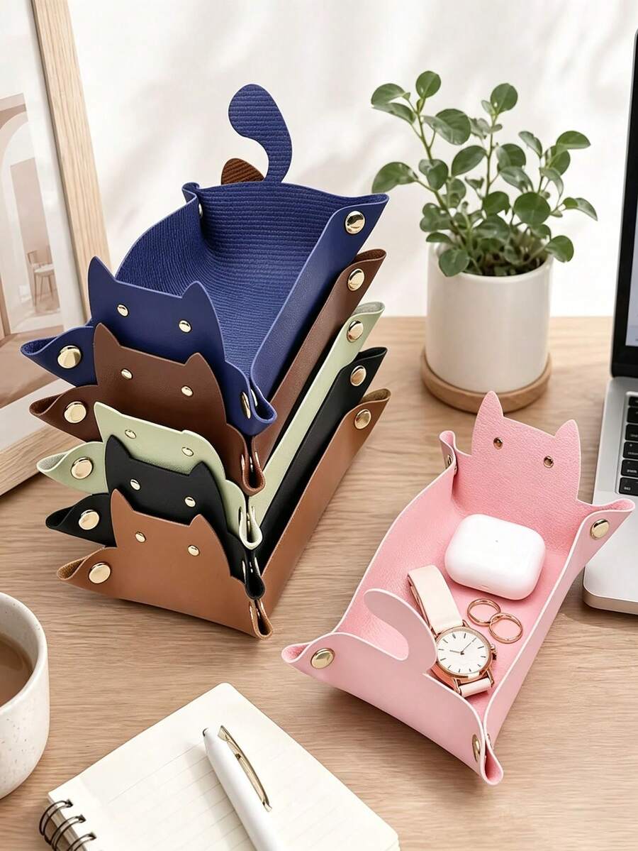 Cat Desktop Storage Box, Office Desk Organizer, Foldable Jewelry Stationery Key Tray, Home Desktop Decor, Jewelry Storage Tray - Multicolor - View 1