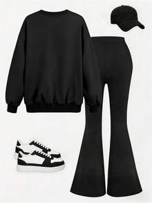 2pcs/Set Girls Minimalist Casual Slogan Print Crew Neck Sweatshirt & Flare Pants Set, Autumn/Winter Fashion Comfortable New Style - Black - View 4