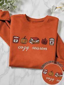 Embroidery Comfortable Season, Cute Autumn, Thanksgiving, Fall Clothes For Women, Winter Clothes Women, Women's Drop Shoulder Crew Neck Long Sleeve Casual Sweatshirt - Burnt Orange - View 4