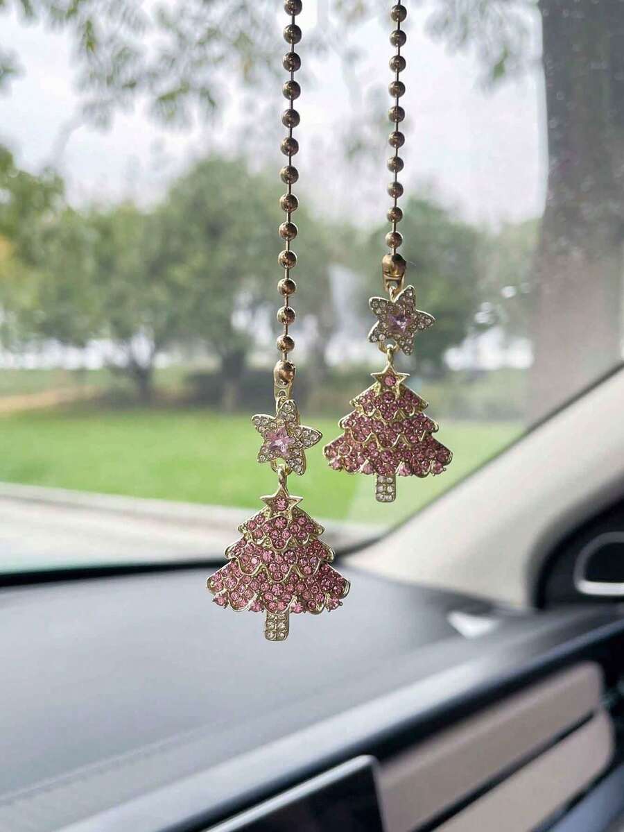 Creative Pink Christmas Tree Car Rearview Mirror Hanging Ornament Car Interior Decoration - A - View 1