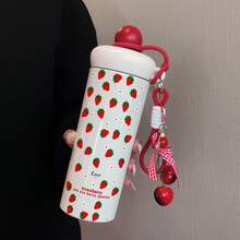 1PC 600ML Heart Strawberry, Simple Heart, Strawberry Flower Pattern Stainless Steel , Double-Use Coffee Cup, Portable Straw Cup, Stylish Lanyard , Suitable For Office, Home, Gift Recommendation, Coffee/Milk/Tea - Multicolor - View 6