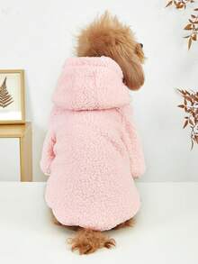 Minimalist Pure Pink Polyester Teddy Fleece Lined Pet Hoodie, Bear Pattern, Suitable For Small To Medium Pets Dogs And Cats, Winter Indoor And Outdoor Wear - Pink - View 2