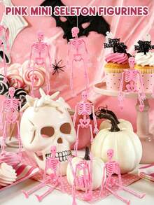 12/6 Pcs Mini Pink Halloween Skull With Hemp Rope, Small Plastic Skeleton, Suitable For Holiday Decoration Or Party Supplies, Ideal Choice For Halloween Party Decoration - View 2
