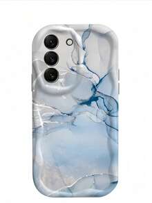 1pc Cream Blue White Ink Marble Ocean Wave Phone Case, White Frame Shockproof Soft TPU Protective Cover, Compatible With GALAXY, HONOR, Phones - White - View 5