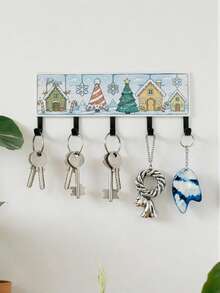 1PC Christmas Wall‑Mounted Key Rack, Wall Storage Organizer With Winter Christmas House & Tree Pattern, Multi‑Purpose Hanger For Entryway, Christmas Home Decor Gift, Housewarming Present - View 5