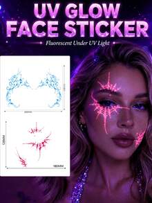 2Pcs UV Fluorescent Face Stickers, Lace And Spider Web Temporary Tattoos, Waterproof Facial Decor Stickers For Rave Festival Halloween Party, Lasts 2‑5 Days - Multicolor - View 2