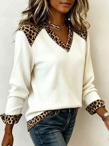 Women's Plus Size Leopard Print Patchwork V-Neck Long Sleeve Ribbed Knit Top, Casual Contrast Color Leopard Trim Pullover Shirt - White - View 5
