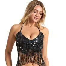 Shiny Sleeveless Cropped Top, Suitable For Halloween, Belly Dance, Stage Performance, Party - Multicolor - View 1