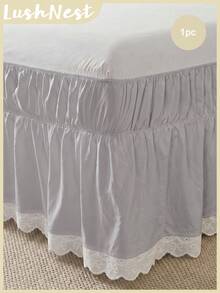 1pc Lace Bedskirt In Simple Classic Daily‑Use Style. Made Of Soft Breathable Polyester For All‑Season Use. This Pleated Bed Linen With Neutral Tones Brings Minimalist Decor, Perfect For Bedroom & Home Decoration, Matching Popular Seasonal Home - Grey - View 1
