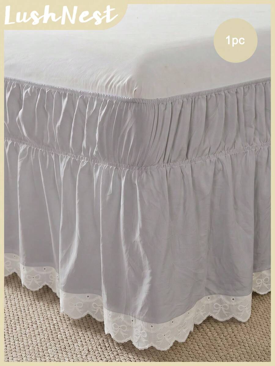 1pc Lace Bedskirt In Simple Classic Daily‑Use Style. Made Of Soft Breathable Polyester For All‑Season Use. This Pleated Bed Linen With Neutral Tones Brings Minimalist Decor, Perfect For Bedroom & Home Decoration, Matching Popular Seasonal Home - Grey - View 1