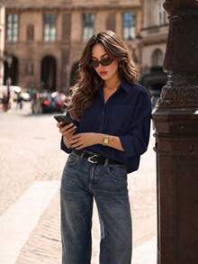QIANZHIDU Elva Women's Autumn Commute Loose Drop Shoulder Lapel Long Sleeve Shirt, Suitable For Party, Street Style, Outing, Office, - Navy Blue - View 6