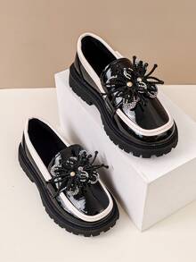 Girls' Shiny Loafers With Handmade Beaded Rhinestone Butterfly Decor, Thick Sole Slip-On Anti-Slip Fashion Leather Shoes, Versatile Princess Shoes For Daily Wear - Black - View 5