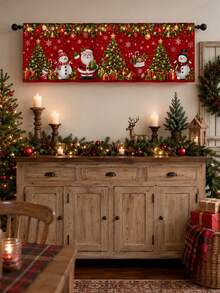 1pc Christmas Red Santa Snowman Tree Window Topper, Traditional American Holiday Style Polyester Rectangular Rod Pocket Short Valance With Evergreen Garland, Ornaments And Snowflake Print, Kitchen Dining Room Decor - Multicolor - View 4