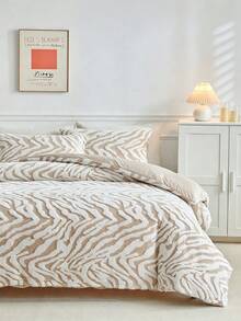 2/3pcs Beige Cationic Zebra Pattern Jacquard Flannel Duvet Cover Set,  Style, Polyester Flannel Duvet Cover And Pillow Case Set, Soft And Warm For Fall/Winter, Queen (1/2 Pillow Case + 1 Duvet Cover) - Khaki - View 1