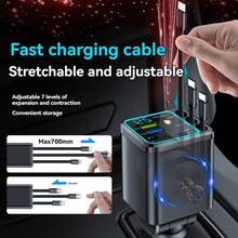 Charger Mobil Multifungsi 7-in-1 yang Dapat Ditarik, Charger Ponsel Mobil Cepat dengan Tampilan Tegangan Digital & Lampu Proyeksi Langit Berbintang, 2 Port PD, 3 Kabel yang Dapat Ditarik Otomatis & Port USB, Aksesori Otomotif Universal yang Kompatibel dengan Sebagian Besar Perangkat Elektronik - A - View 3