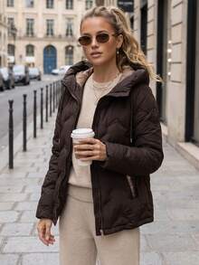 Women's Quilted Hooded Jacket With Drawstring Hood, Zip Front, Side Pockets And Regular Fit - Brown - View 4