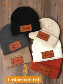 MerexSync Personalized Knit Hat, Customized Name Faux Leather Patch Cap, Unisex, Ribbed Cuff, Warm Winter Hat, Casual Daily Outdoor Gift Knit Hat, Suitable For Daily Wear And Gifting, Christmas Hat, Adult Personalized Knit Hat, Handmade Winter Hat - Multicolor - View 2