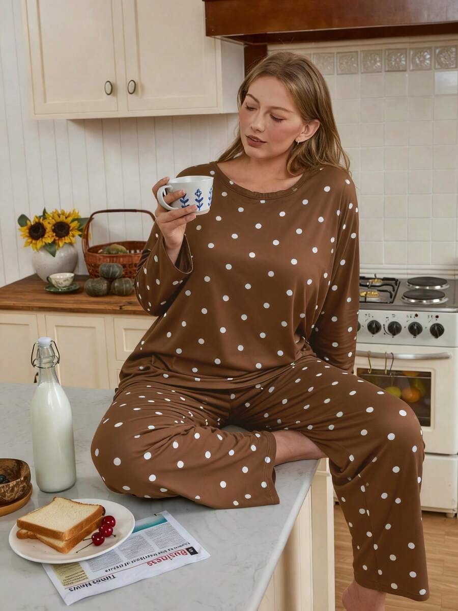 Women's Plus Size Pajama Set, French Polka Dot Print, Long Sleeve Long Pants Loungewear Set, Autumn/Winter Clothing - Khaki - View 1