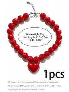 1pc Red Round Bead Heart Pendant Necklace, Gothic Exaggerated Women's French Minimalist Design Collarbone Chain, Daily Dopamine Candy Color - Red - View 6