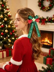 2pcs Holiday Atmosphere Bow Hair Clips, Christmas English Print Woven Ribbon, Christmas Tree Pattern, 3D Pentagram Decoration, Long Draping Ribbon, For Outing, Photography, Back Of Head Hair Styling And Fixing - Multicolor - View 2
