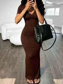 RNU Brown Solid V-Neck Short Sleeve Knit Dress, Soft Elastic Ribbed Fabric, Sexy Slim Fit Bodycon Long Cut Suitable For Daily Commute, Casual - Coffee - View 5