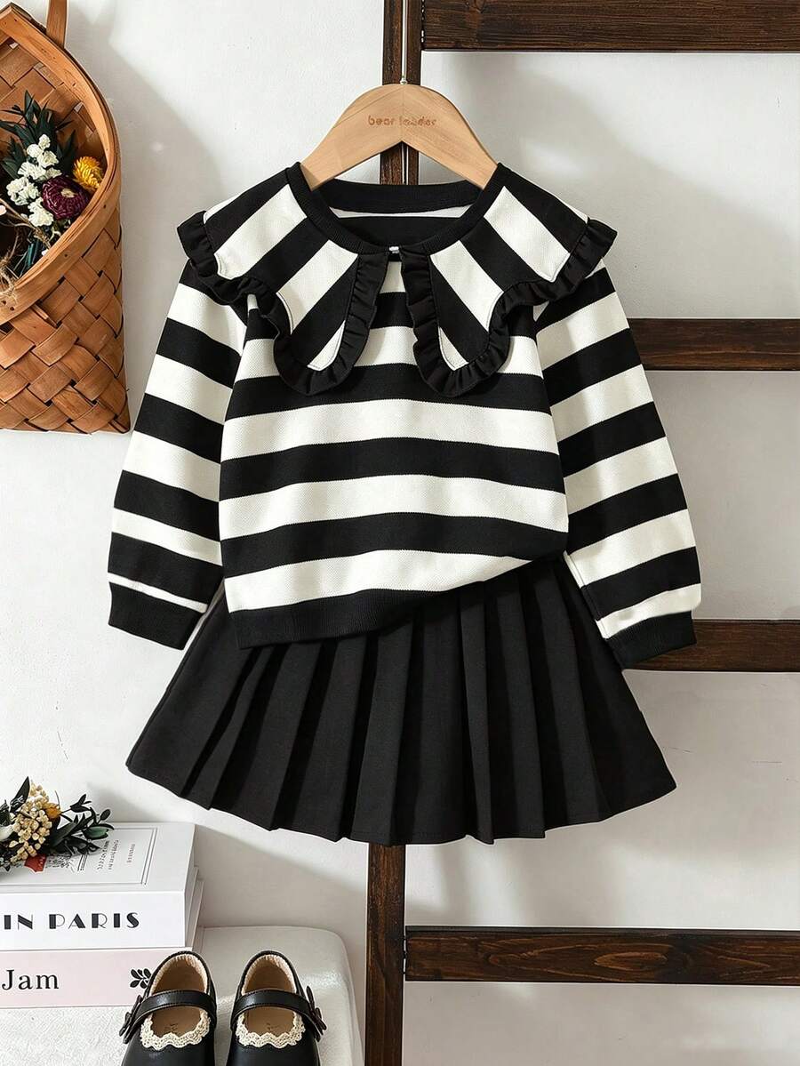 bearleader Girls 2pcs Set Casual Wide Collar Long Sleeve Striped Sweatshirt + Solid Color Pleated Skirt, Spring & Autumn - Black and White - View 1
