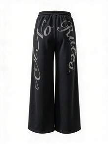 Y2K Style Loose Rhinestone Letter Sweatpants, Autumn Shiny Rhinestone Print Elastic Waist Wide Leg Cuffed Pants, Retro Street Casual Women's Pants - Black - View 5