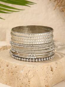 RINTOLER 13pcs Niche Creative Design Rhinestone Bracelet Set, Suitable For Women's Daily Wear And Outings, Minimalist Multi-Layer Stackable Bracelet Set, Best Gift For Friends - Silver - View 4