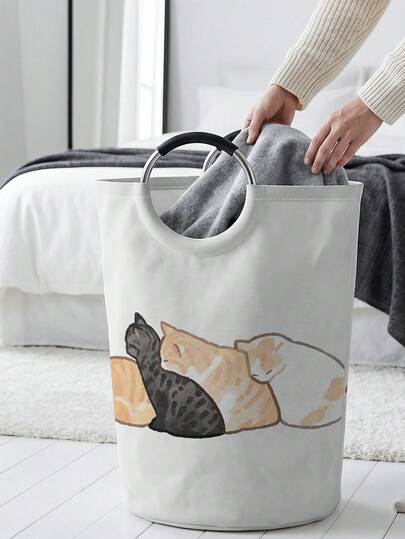 1PC Kitten-Print Fabric Laundry Basket, Foldable Multi-Purpose Storage Bin With Handles, Dirty Clothes Hamper For Garments, Socks, Jewelry & Toys, Collapsible Space Saving Container, Bedroom Bathroom Dorm Organizer, Gift For Mom Dad Summer