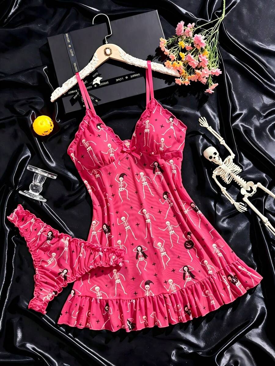 2pcs Halloween Women's Sexy Camisole Nightgown Set With Panties - Hot Pink - View 1