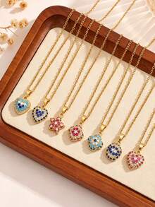 Gold Plated Colorful Zirconia Clover Heart Flower Oval Star Charm Necklaces, Dainty Sparkly Layerable Neck Jewelry For Women Daily Party Gift - Gold - View 3