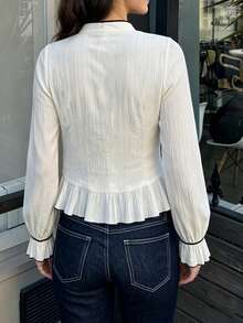 Women Frog Button Stand Collar Long Sleeve Blouse, Contrast Trim Ruffle Hem Textured Slim Fit Chinese Style Top - White - View 3