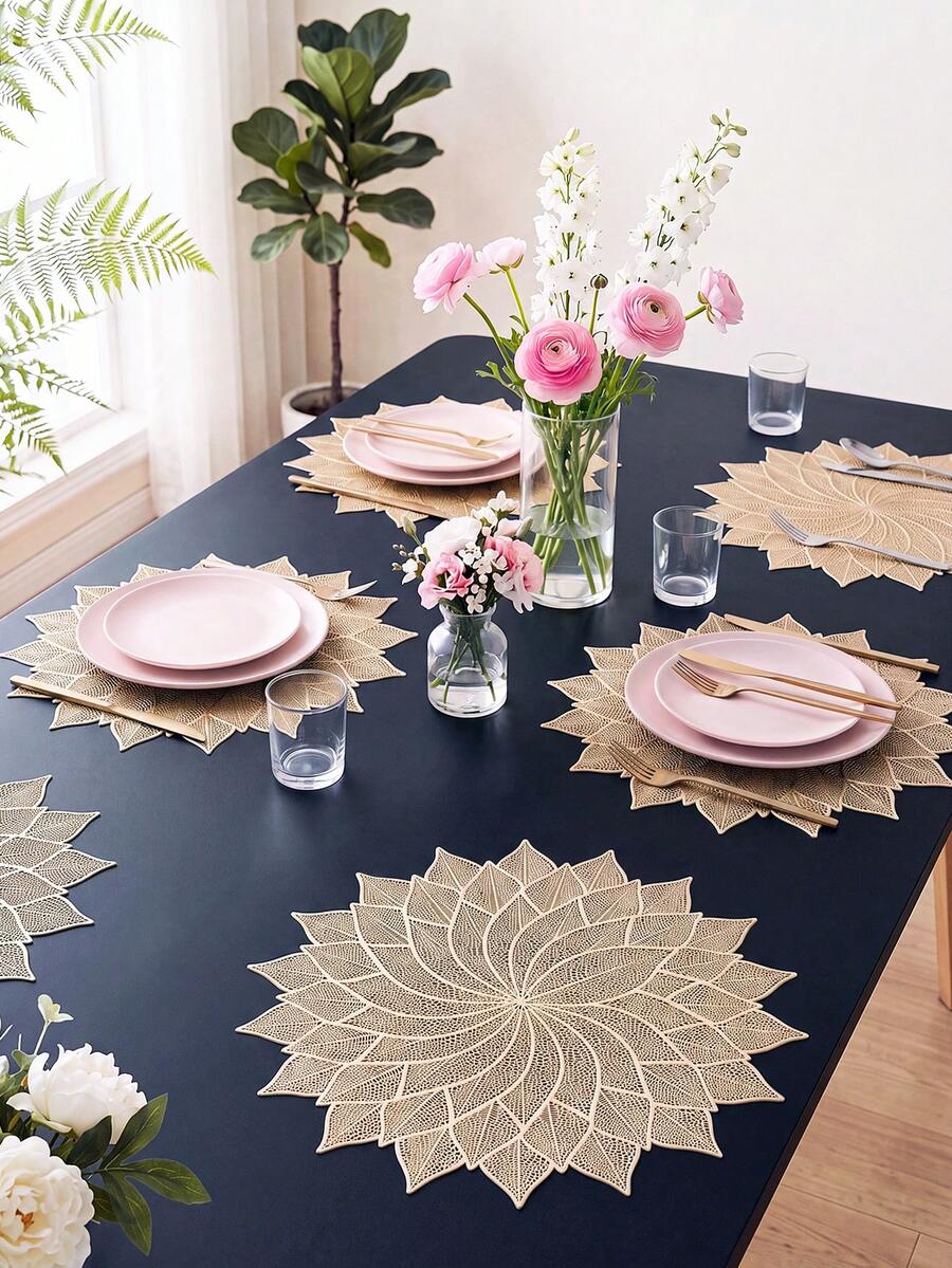 2pcs/set Hollow Out Leaf & Flower Patterned Pvc Placemat And Coaster, Washable & Easy To Clean & Anti-slip & Heat-resistant, Elegant Dining Table Setting, Kitchen Table Mat, Holiday Wedding Decorations - Gold - View 1