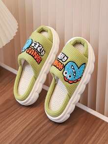 Cute Dinosaur Pattern Children's Slippers, Breathable Thick Sole Anti-Slip Open Toe Fabric House Slippers For Boys And Girls - Green - View 5