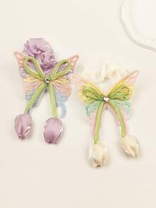 1/2pcs Embroidered Mesh Butterfly Scrunchie With Rhinestone Heart Decor And Tulip Pendant, Gentle Hair Tie For Girls - Multicolor - View 8