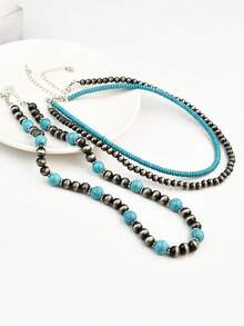 3pcs/Set Handmade Beaded Necklace, Vintage Western Country Style, Turquoise Color, Multi-Layer Design, Versatile Fashion Jewelry Gift - Multicolor - View 3