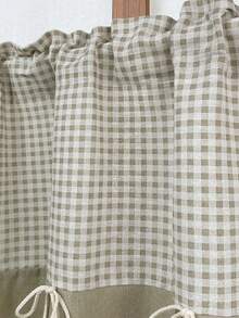 1pc Farmhouse Gingham Spliced Cafe Tier Curtain, Rod Pocket Short Window Valance With Bow Knot & Lace Edge, Small Window Curtain For Kitchen Sink Decor - Grey-green - View 9