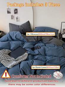 Blue And White Colorblock Washed Cotton Skin-Friendly 3 Pieces Duvet Cover Set, Suitable For Bedroom - Navy Blue - View 8