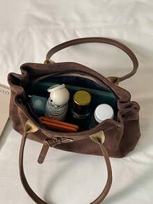 1pc Vintage Coffee Color Faux Suede Large Capacity Women's Tote Bag, Daily Commute Shoulder Bag With Buckle Detail, Fashion Handbag Suitable For Work And Travel - Coffee Brown - View 7
