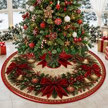 1 buah Alas Pohon Natal Bermotif, Dekorasi Liburan Warna Elegan, 5 Ukuran, Hadiah Liburan Unisex, Cocok untuk Dekorasi Rumah dan Pesta Natal - Karangan bunga pita merah beludru vintage - View 7