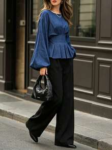 Women's Elegant Ruffle Blouse, Lantern Long Sleeve Round Neck Pleated Waist Business Commute Top, Autumn - Navy Blue - View 8