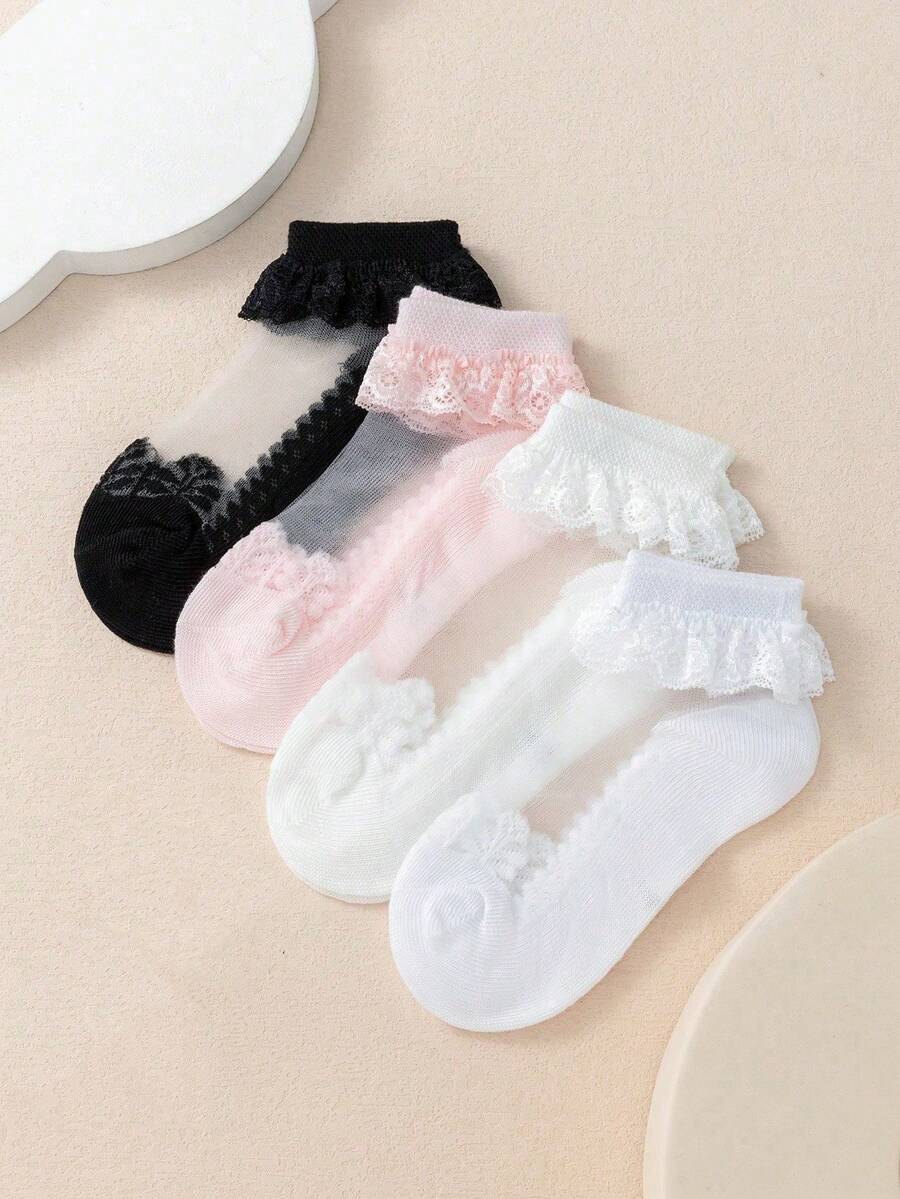 4雙女童幼兒薄款透氣玻璃纖維短襪 嬰兒襪 - 彩色 - 查看 1