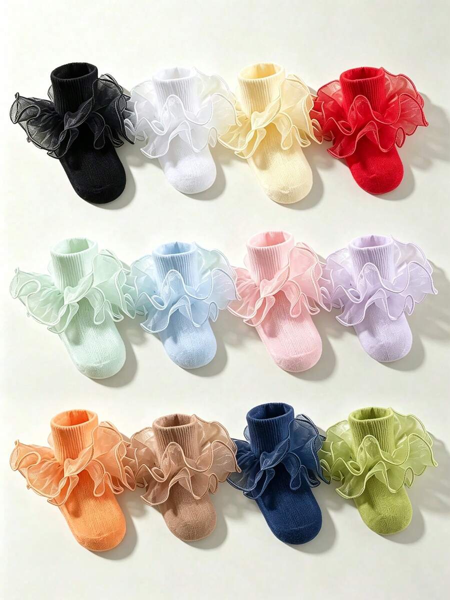 1/3/6 Pairs Toddler Girls Princess Style Multi-Layer Tulle Ruffle Lace Socks - Essential For Girls, Suitable For Halloween And Autumn Outfits - Multicolor - View 1