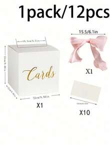 1組優雅白色金箔「Cards」婚禮卡片盒，附粉色歐根紗蝴蝶結，裝飾性許願卡盒，適用於婚禮接待、新娘派對、生日派對、畢業典禮、週年紀念與節日慶祝 - 風格A - 查看 9