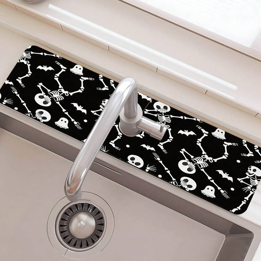 1pc Halloween Faucet Mat, Skull Pattern, Sink Faucet Absorbent Pad, Drainage Mat, Suitable For Kitchen, Bathroom Sink, Countertop, Drainage Mat, Diatomaceous Earth Material, Trimmable, Quick-Dry Mat - Multicolor - View 1